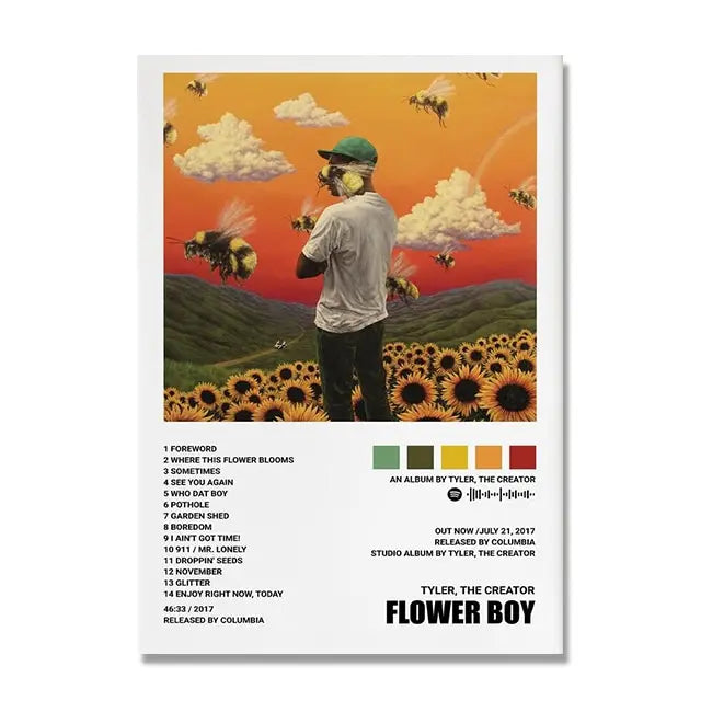 A rectangular music album covers poster featuring tyler the creator with sunflowers and orange sky wall art decor