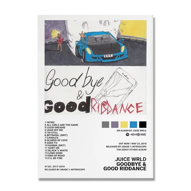White poster of juice wrld goodbye and good riddance album covers with blue car, tracklist, and color swatches for wall art