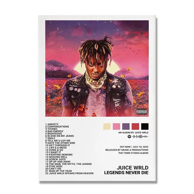 A vibrant juice wrld album covers poster featuring him in a black leather jacket with layered necklaces and dreadlocks