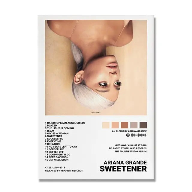 Ariana Grande sweetener album covers poster with silver hair portrait and warm background framed in white for wall decor