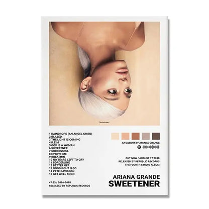Ariana Grande sweetener album covers poster with silver hair portrait and warm background framed in white for wall decor