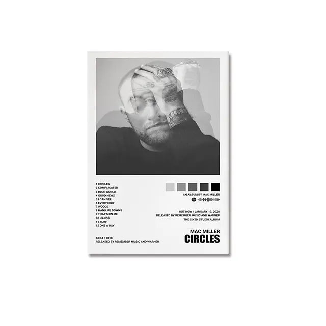 Black-and-white mac miller circles album covers poster featuring artist portrait, tattoos, tracklist, and color swatches for wall decor