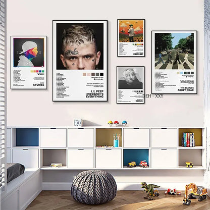 Black and white lil peep framed poster featuring the album cover everybody’s everything for music room decor