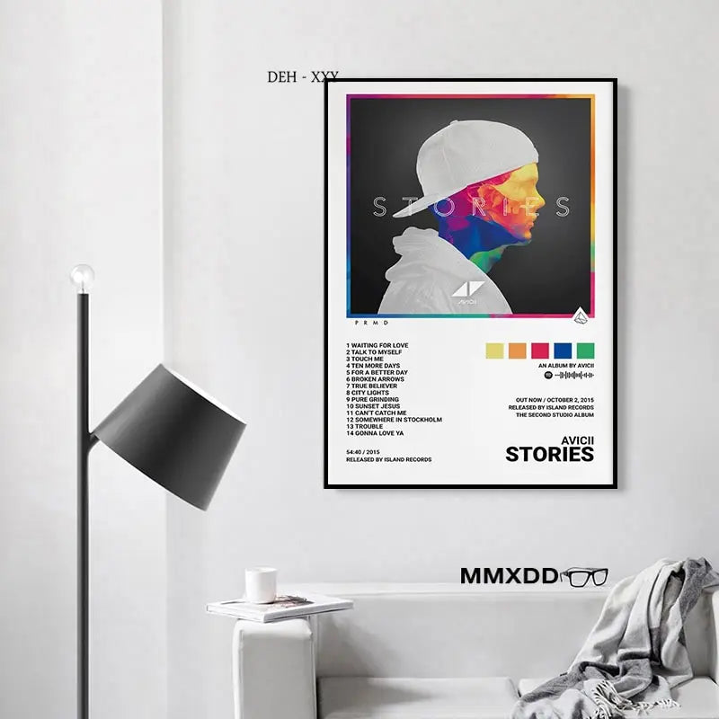 A framed music album covers poster of avicii stories with rainbow highlights on dark canvas wall art decor
