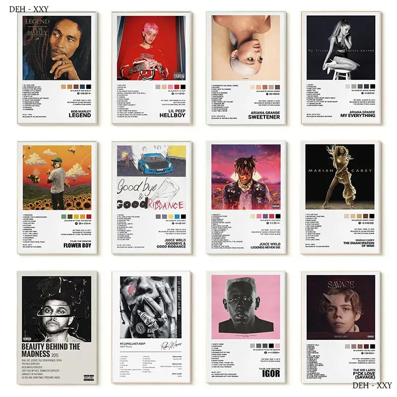 Set of twelve minimalist music album covers poster prints featuring artists like bob marley ariana grande and more