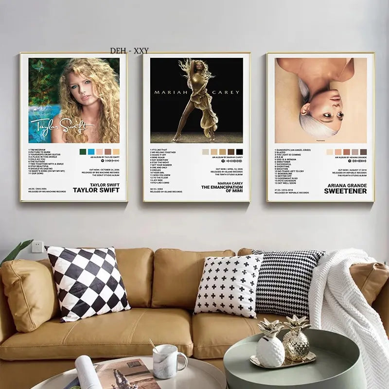Three framed album covers poster prints featuring taylor swift mariah carey and ariana grande for wall decor