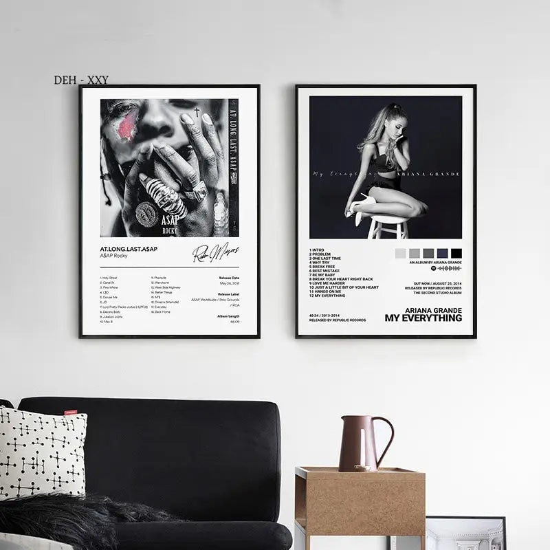 Two framed black and white album covers posters featuring asap rocky and ariana grande for hip hop room decor