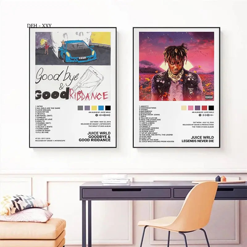 Two framed juice wrld album covers posters featuring goodbye and good riddance blue car and legends never die pink sky designs