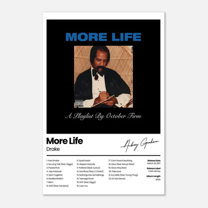 Black and white album playlist poster of drake more life with formal portrait for hip hop wall decor canvas art