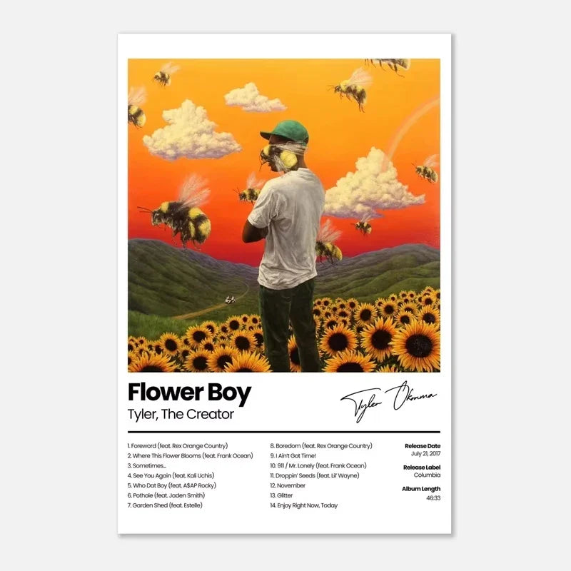 A vibrant canvas painting poster of tyler the creator in a green cap among sunflowers promoting flower boy album