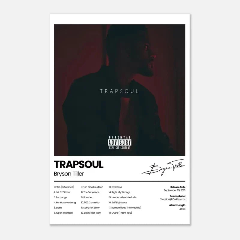 White poster with red silhouette of bryson tiller featuring trapsoul album tracklist for hip hop wall decor
