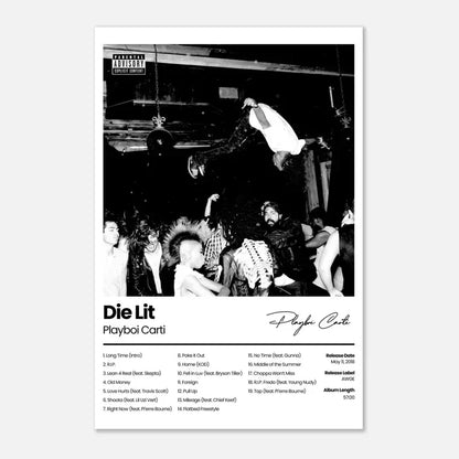 Black-and-white playboi carti die lit album poster featuring dynamic street scene for hip hop canvas wall decor