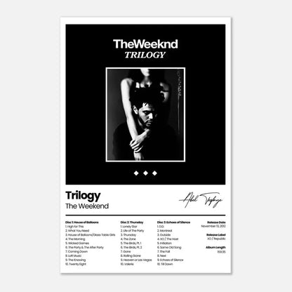 Black and white canvas poster of the weeknd featuring a central photo for hip hop living room wall decor