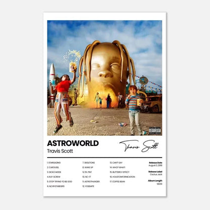 Music album canvas print featuring a golden oversized face with dreadlocks from travis scotts astroworld for home decor