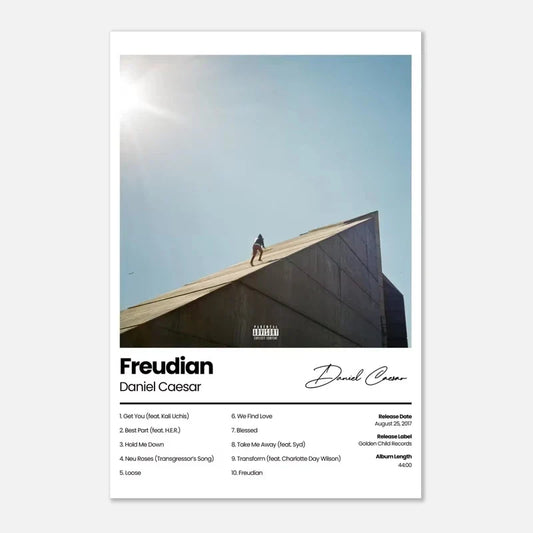 White-framed canvas poster featuring daniel caesar freudian album cover with person climbing concrete for wall decor