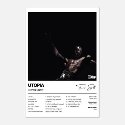 Black and white travis scott utopia album poster featuring high contrast motion print for hip hop wall decor canvas