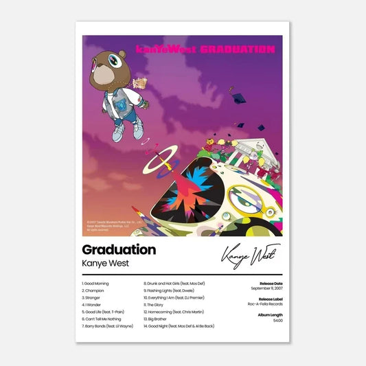 Vibrant purple and pink canvas poster featuring kanye west graduation album art with cartoon bear for hip hop room decor