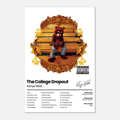 Golden ornate frame surrounding a bear mascot sitting on wooden steps in a flower boy the weeknd hip hop canvas poster