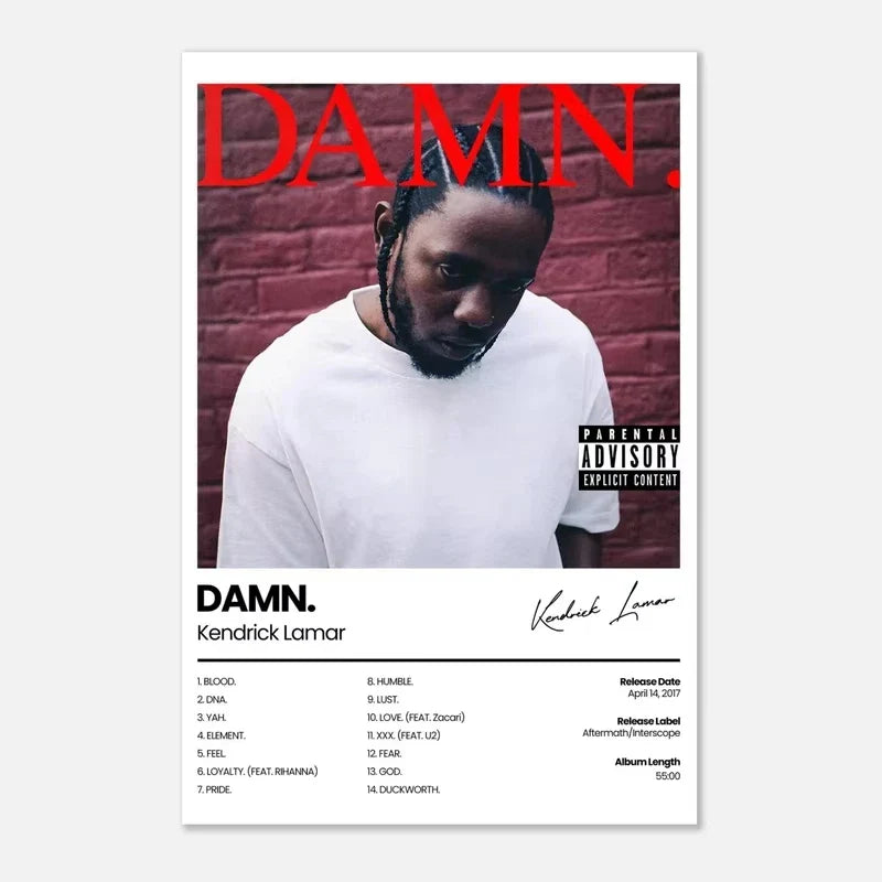 White canvas music album poster featuring kendrick lamar on damn cover with bold red lettering for living room decor