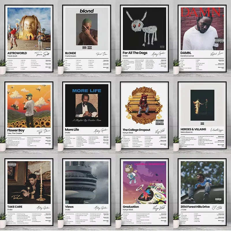 Set of twelve framed hip hop music album posters featuring travis scott frank ocean kanye west and j for wall decor