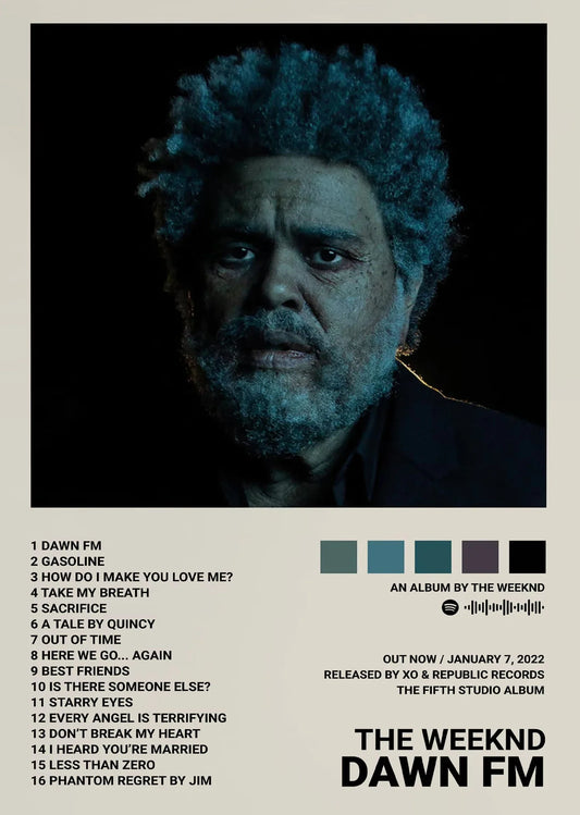 Music album star the weeknd hip hop canvas painting with dark moody portrait and blue green lighting for wall decor