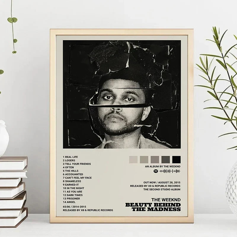 Beige-framed canvas painting singer poster of the weeknd hip hop beauty behind the madness for living room home decor
