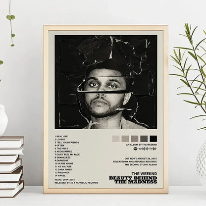 Beige-framed canvas painting singer poster of the weeknd hip hop beauty behind the madness for living room home decor