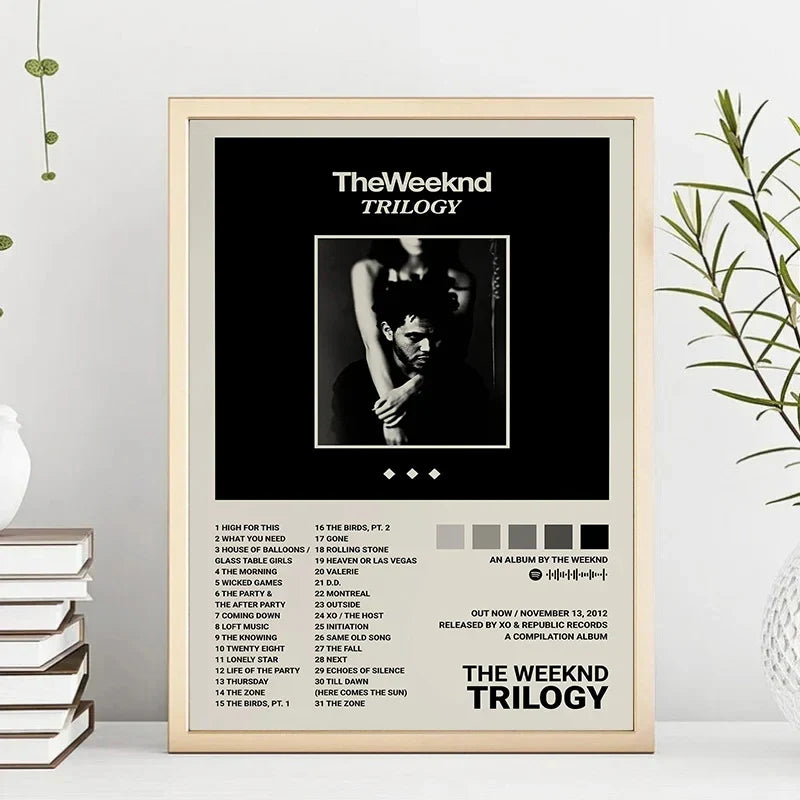 Beige-framed weeknd hip hop canvas painting singer poster with monochrome trilogy tracklist for living room home decor