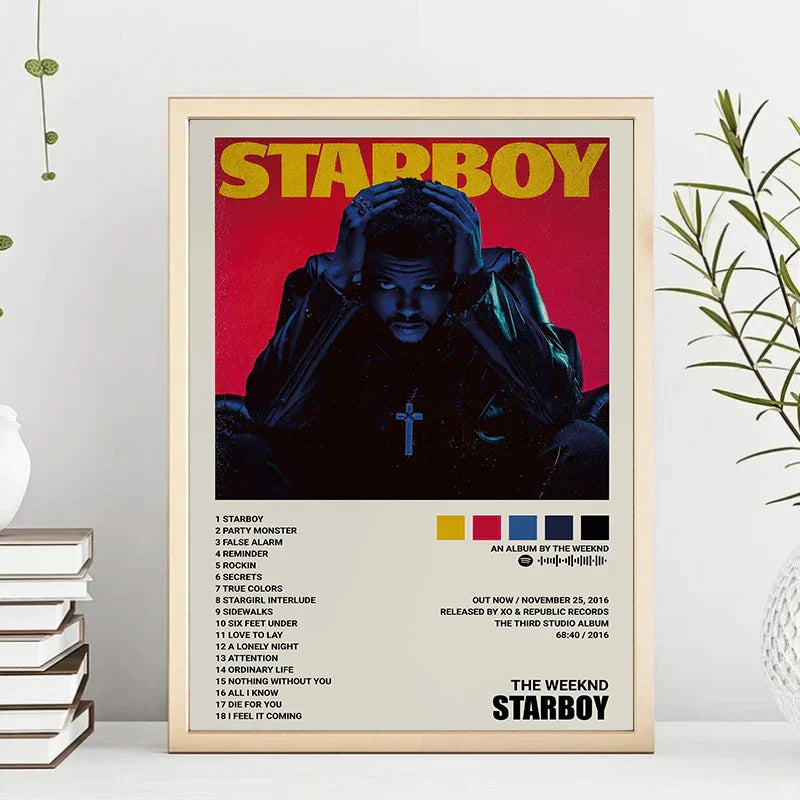 A framed canvas painting singer poster of The Weeknd starboy in bold yellow on red for living room home decor hip hop fans