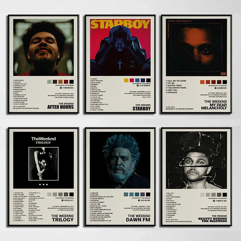 Set of six framed weeknd hip hop posters with minimalist design and bold typography for living room home decoration