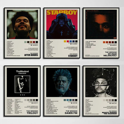 Set of six framed weeknd hip hop posters with minimalist design and bold typography for living room home decoration
