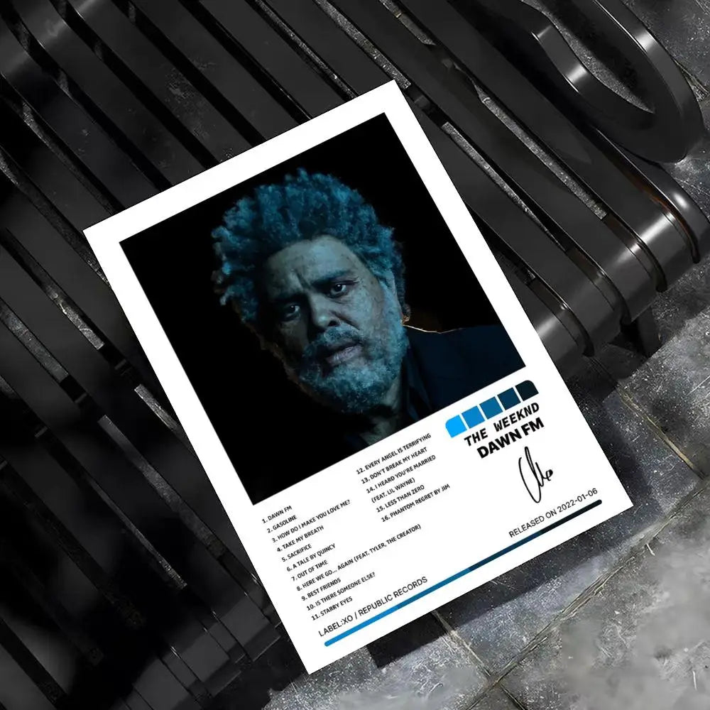 White-framed weeknd hip hop poster with blue-toned dawn fm portrait and black tracklist for bar home decor wall art