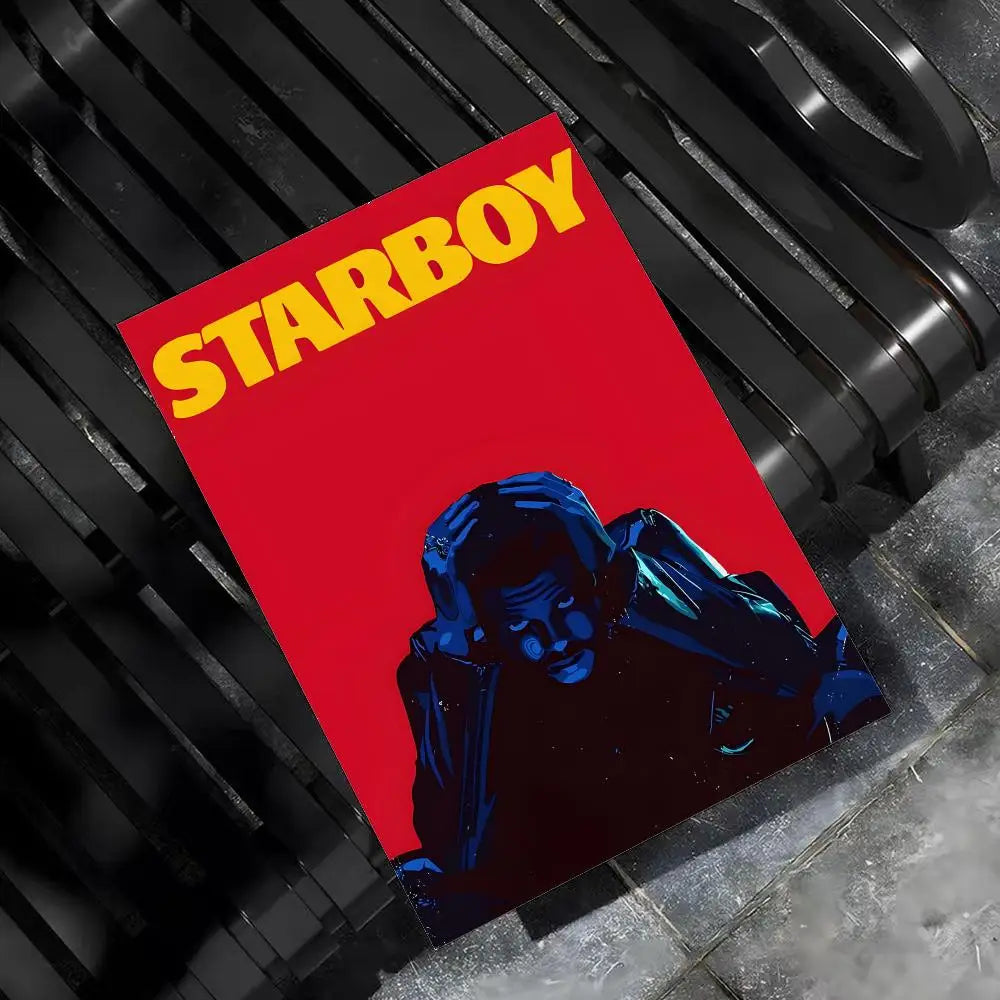 Red rectangular music album hip hop poster featuring bold yellow starboy text and blue figure for weeknd hip hop bar home decor