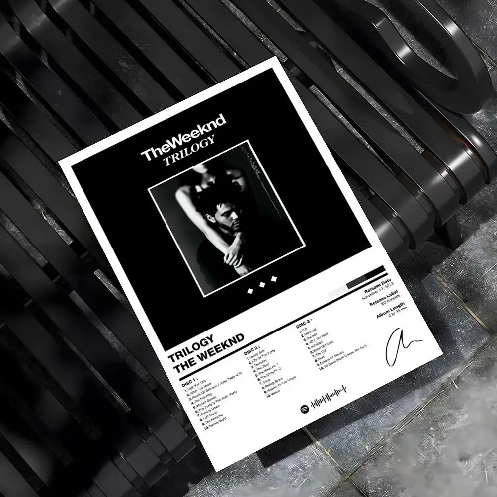 Black and white minimalist weeknd hip hop poster featuring bold typography and central portrait for bar home decor