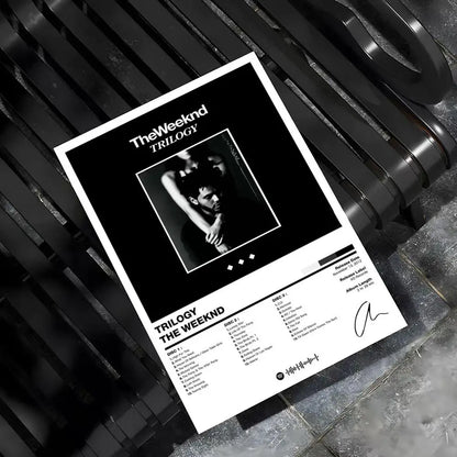Black and white minimalist weeknd hip hop poster featuring bold typography and central portrait for bar home decor