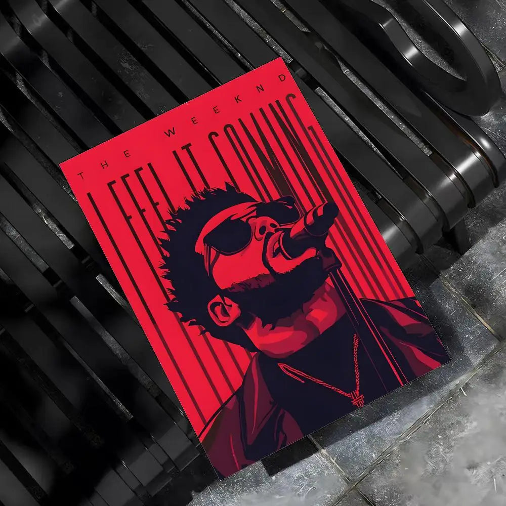 Vibrant red weeknd hip hop poster with stylized portrait and bold black text ideal for bar home decor or bedroom walls