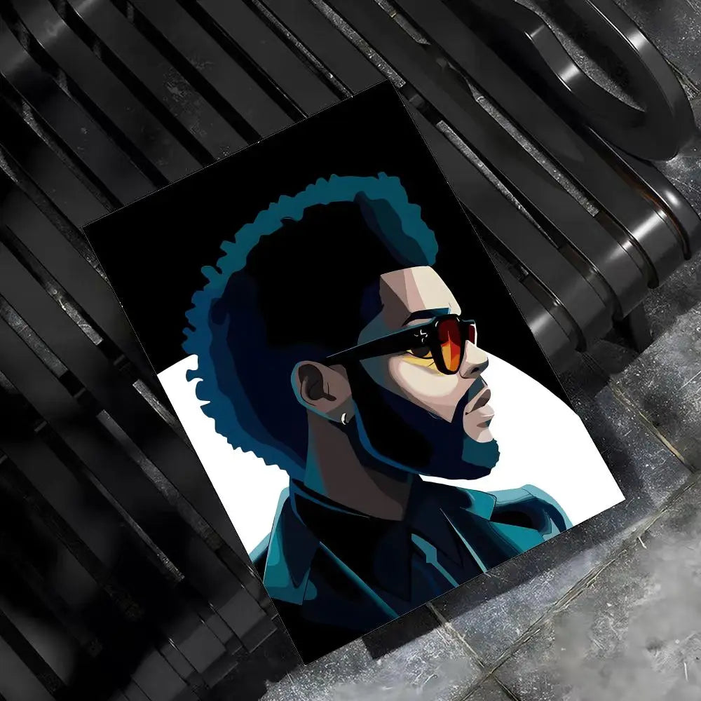 Stylized teal and black weeknd hip hop poster featuring a man with afro hair and sunglasses for bar home decor