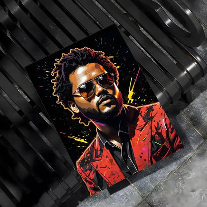 Vibrant red and black glossy canvas hip hop poster featuring the weeknd in sunglasses for bar home decor