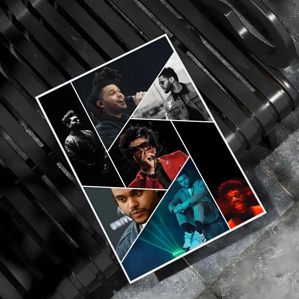 A collage hip hop poster featuring six images of the weeknd in varied outfits ideal for bar home decor and bedroom walls