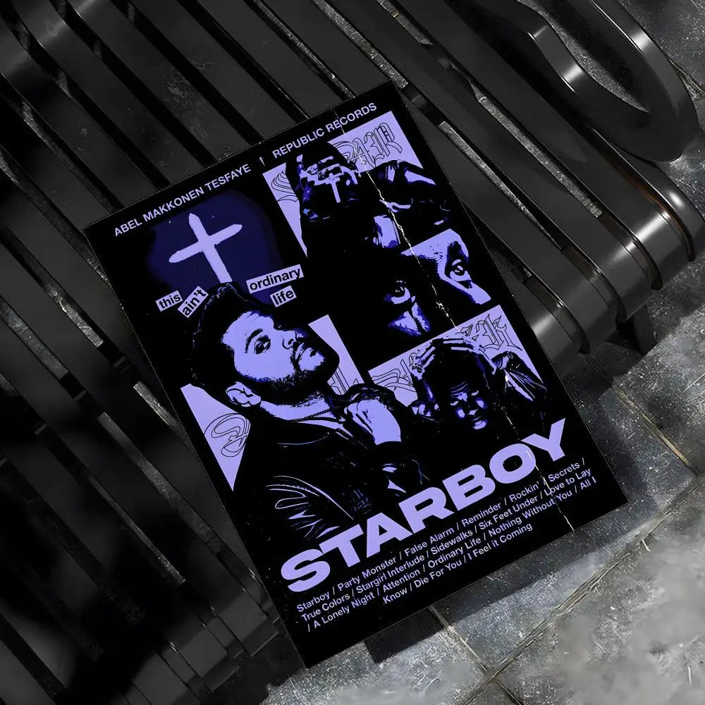 Black and purple weeknd hip hop poster album cover for starboy ideal for bar home decor living room and bedroom wall art