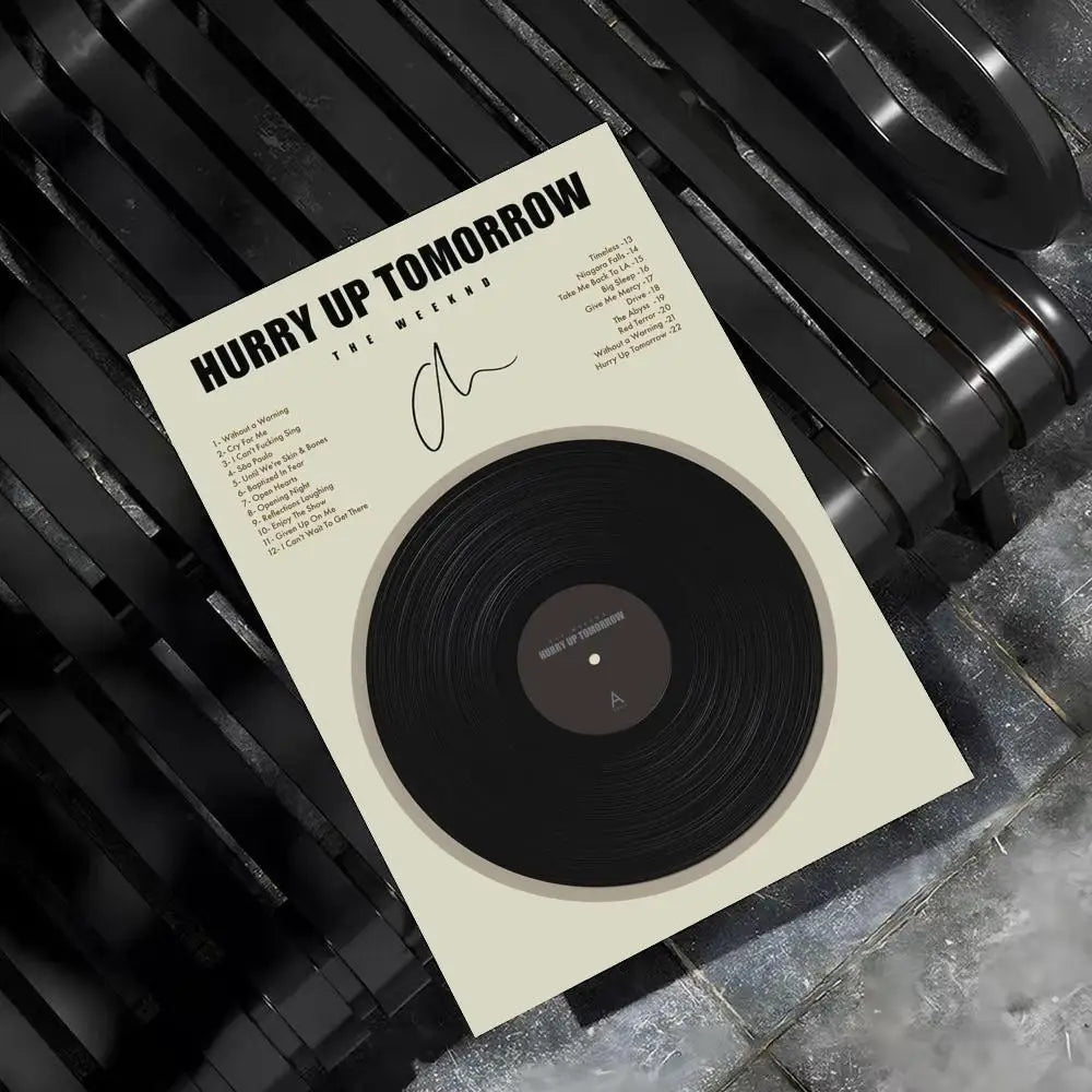 Cream-colored weeknd hip hop poster featuring hurry up tomorrow vinyl record for bar home decor and bedroom wall art