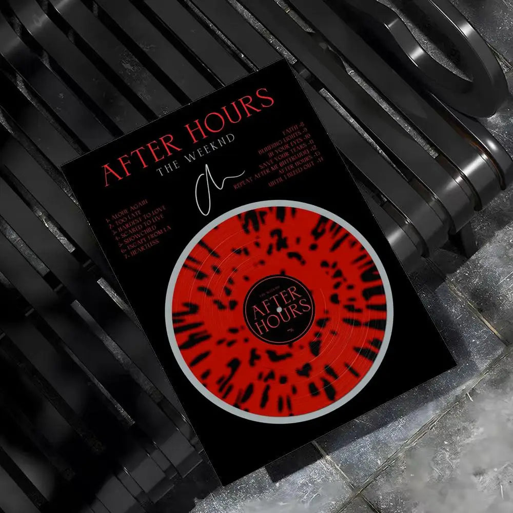 Black poster featuring vibrant red vinyl design with black splatter and after hours text weeknd hip hop poster for bar home decor