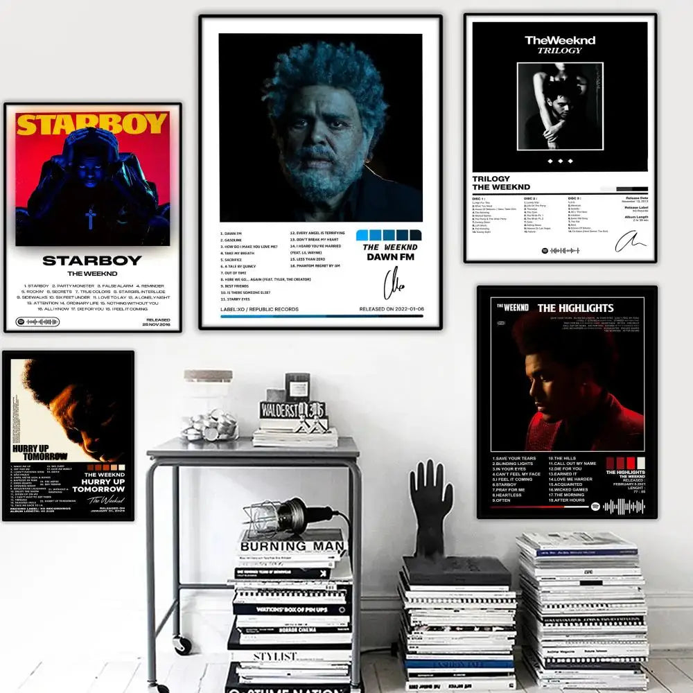 Black and white framed weeknd hip hop posters displayed on wall for bar home decor and living room decoration