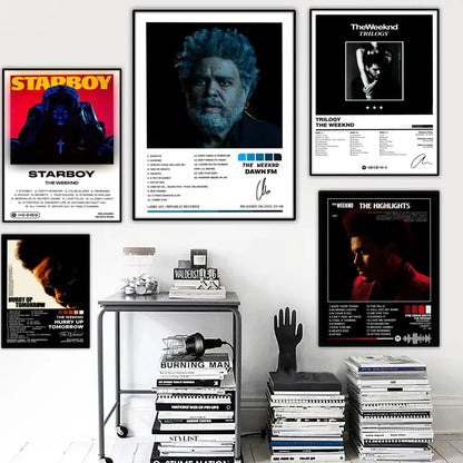 Black and white framed weeknd hip hop posters displayed on wall for bar home decor and living room decoration