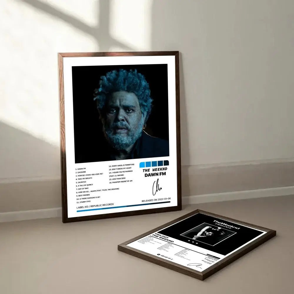 A framed weeknd hip hop poster with black and white portrait tracklist and blue signature for bar home decor