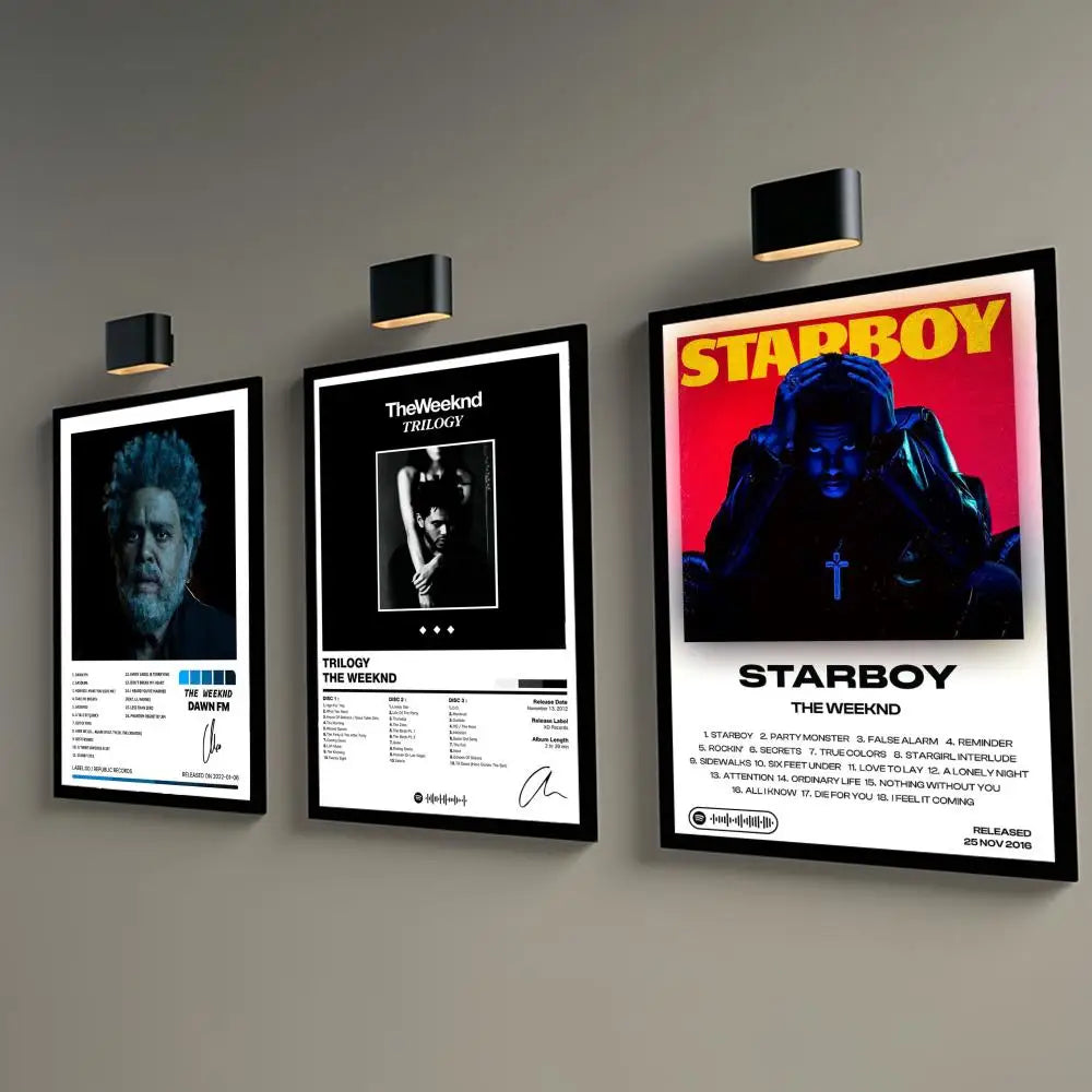 Three framed black and white and color weeknd hip hop poster prints featuring dawn fm trilogy and starboy for bar home decor