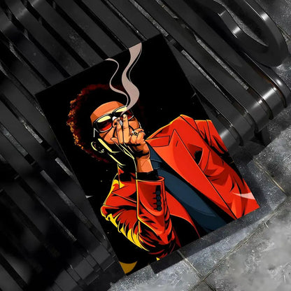 Vibrant red and yellow weeknd hip hop poster featuring a man in sunglasses smoking for bar home decor