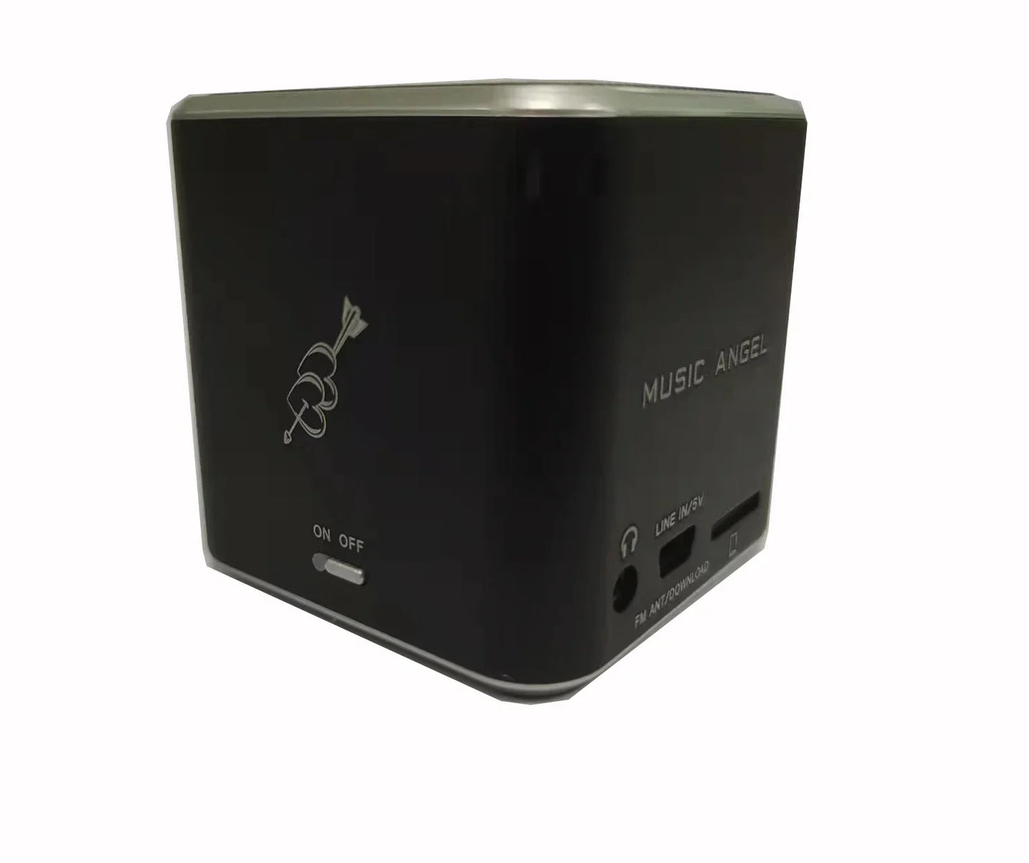 Black cube-shaped bluetooth speaker usb with silver accents music angel logo for mp3 player phone and pad use