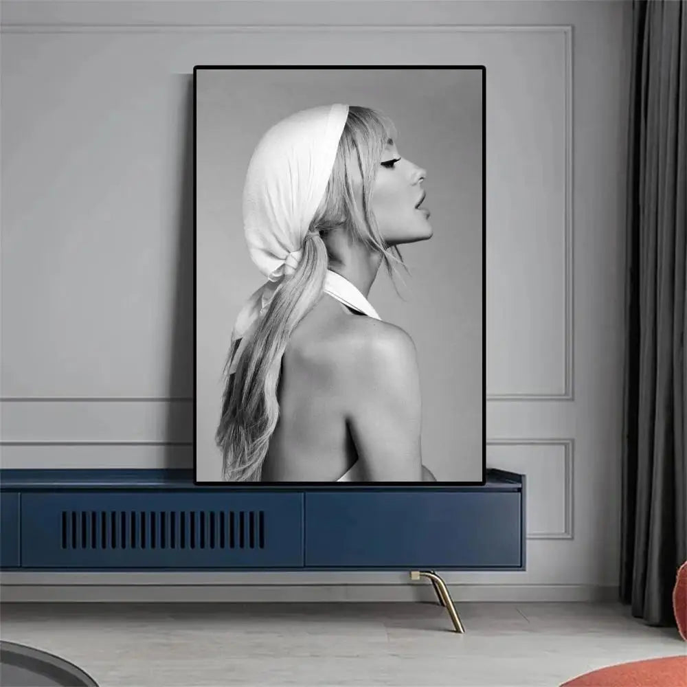 High quality music art poster featuring a black and white framed portrait of Ariana Grande with a white headscarf
