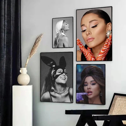 High quality ariana grande music art poster featuring vibrant orange and white striped scarf with pearl earrings framed black